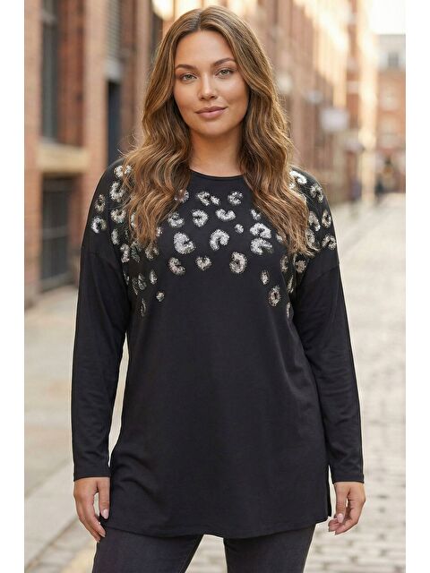 Stil Diva Büyük Beden Siyah Leopar Desenli Payetli Uzun Kollu Bluz 323079 - S000501757-19351