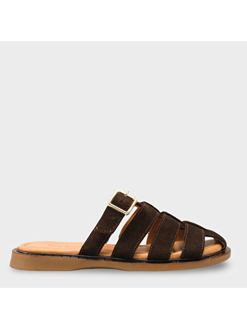 Capone Outfitters Missy Hakiki Süet Gladyatör Düz Topuklu Kadın Sabo Terlik