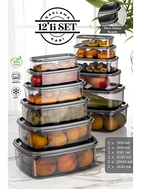 Meleni Home 12'li Sweet Box Saklama Kabı Seti - Dikdörtgen Erzak Kabı 2x(300-500-850-1350-2000-3150 ml) - S000108696-29666