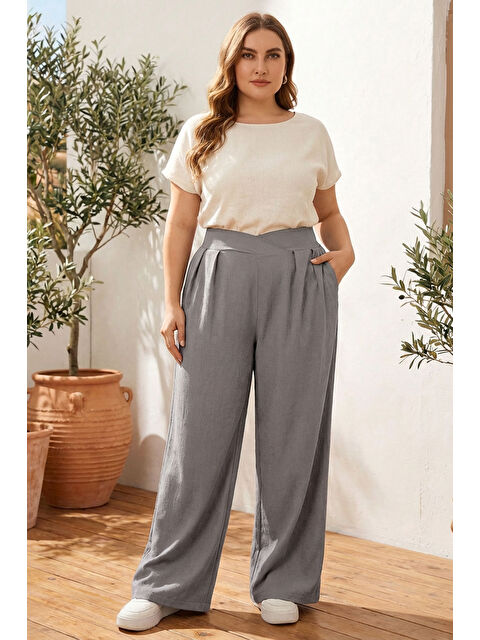 Stil Diva Büyük Beden Pileli Cepli Geniş Paça Esnek Kumaşlı Pantolon 875-V - S000501761-20600