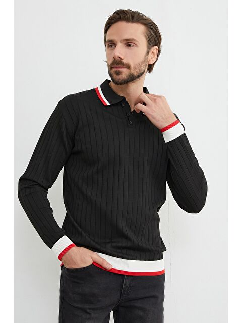 Fullamoda Çizgili Fitilli Polo Yaka Triko Kazak - S000434226-19351