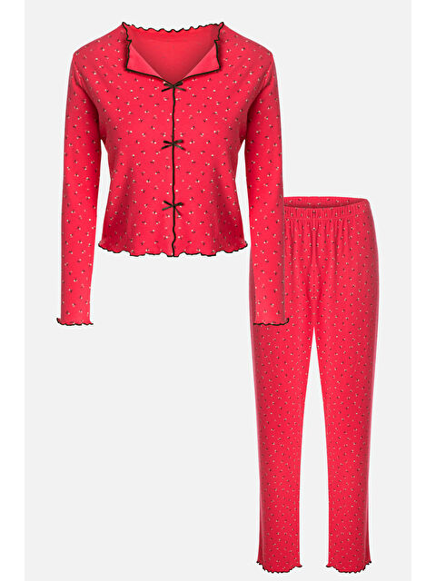 Koza İç Giyim Kadın  Baby Overloklu Fiyonk Detaylı Uzun Kollu Pijama Takımı - S000266390-19951