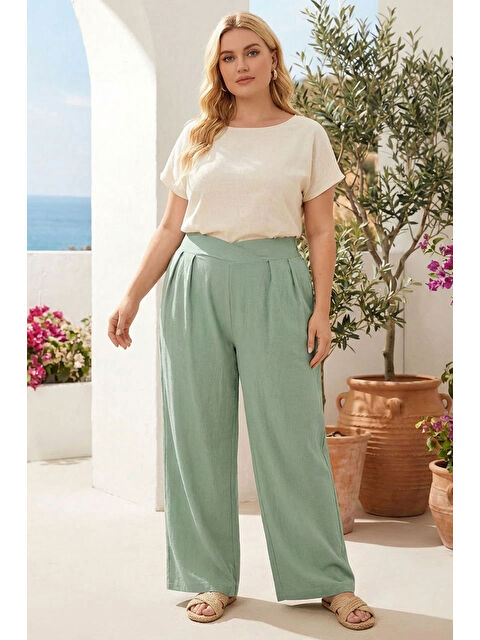 Stil Diva Büyük Beden Pileli Cepli Geniş Paça Esnek Kumaşlı Pantolon 875-V - S000501761-19976