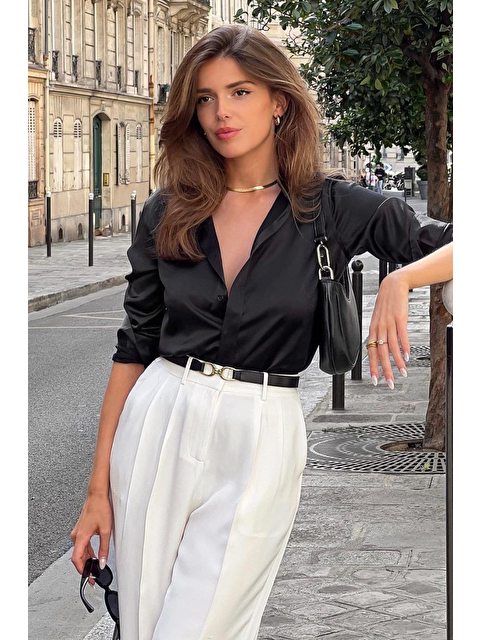 Madmext Siyah Gizli Düğmeli Kadın Saten Gömlek Mg2675 - S000515591-19351