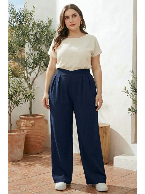 Stil Diva Büyük Beden Pileli Cepli Geniş Paça Esnek Kumaşlı Pantolon 875-V - S000501761-21164