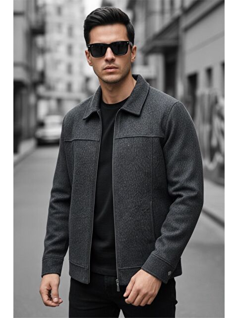 Oksit Kamy Erkek Gömlek Yaka Astarsız Fermuarlı Kaşe Ceket - Smart Casual Tasarım - S000501762-19351