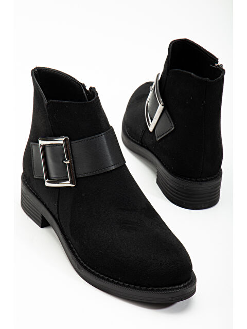 TONNY BLACK Kadın Siyah Süet Termo Taban Tokalı Fermuarlı Kısa Topuklu Bot - S000286415-6381
