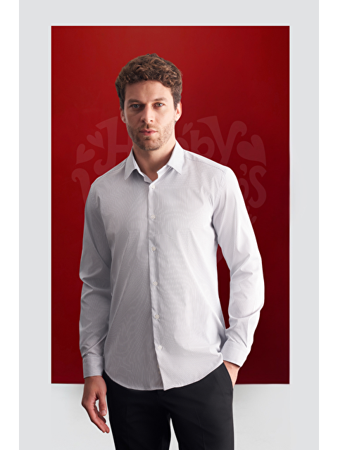 İMZA Beyaz - Lacivert Sert Yaka Çizgili Desen Uzun Kol Slim Fit Esnek Gömlek 1004255177 - S000505488-37494