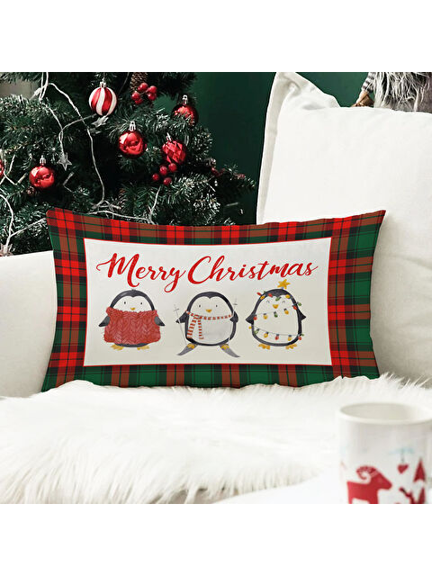 Evmila Yılbaşı Temalı Penguen Desenli Kadife Kırlent Kılıfı 35x55 cm - S000285282-23173