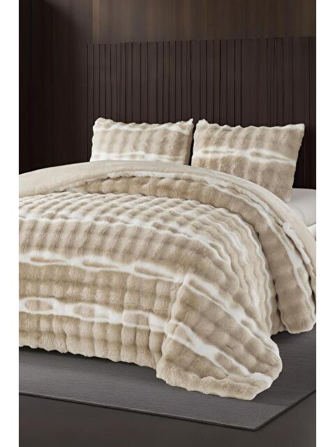 Çeyiz Diyarı Su Yolu Tavşan Tüyü Çift Kişilik Yatak Örtüsü 220x240 Cm Bej - S000493316-19928