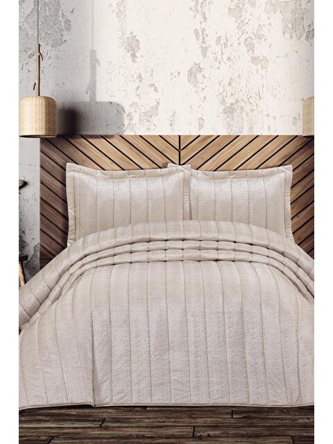 Çeyiz Diyarı İnci Dolgulu Kadife Çeyizlik Çift Kişilik Yatak Örtüsü Bej - S000493321-19928