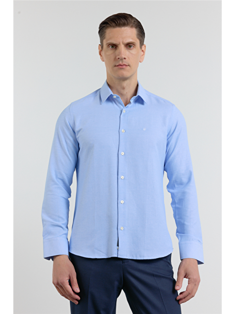 İMZA Mavi Sert Yaka Uzun Kol Cepsiz Slim Fit Pamuklu Gömlek 1004255284