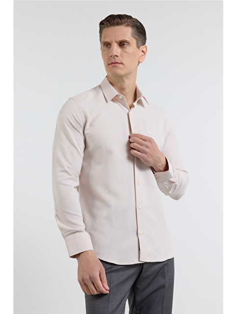 İMZA Koyu Bej Sert Yaka Uzun Kol Cepsiz Slim Fit Pamuklu Gömlek 1004255284
