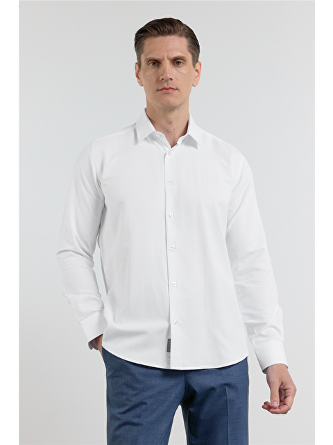 İMZA Beyaz Sert Yaka Uzun Kol Cepsiz Slim Fit Pamuklu Gömlek 1004255284