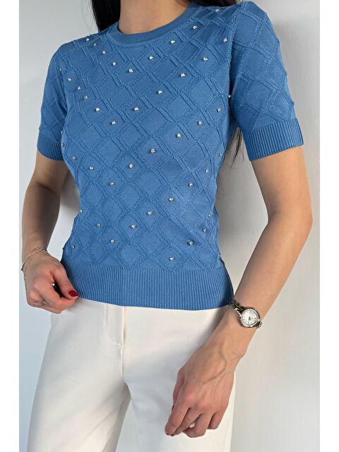 Gülseli Kadın Taşlı Kısa Kol Triko Bluz - S000517449-23093