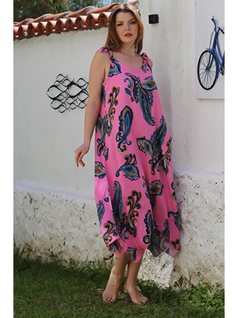 Chiccy Pembe Yakasız Askılı Şal Desenli Gizli Cepli Casual Viskon Dokuma Elbise 125 58 - S000468900-20024