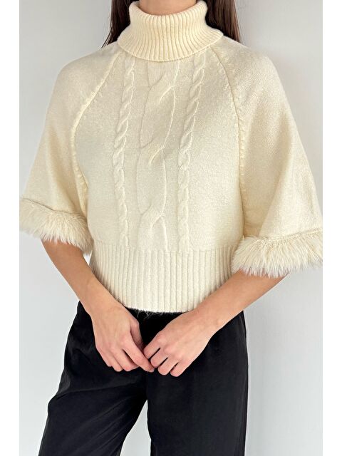 Gülseli Kadın Balıkçı Yaka Kol Pelüş Detaylı Triko Bluz - S000517478-19966