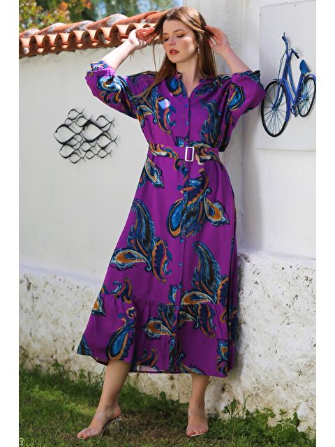 Chiccy Mor Hakim Yaka Balon Kol Şal Desenli Düğmeli Eteği Fırfırlı Kemerli Casual Dokuma Elbise 145 65 - S000468905-20042