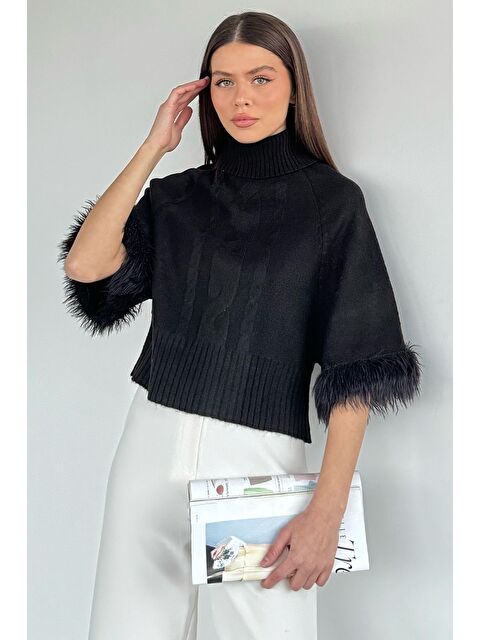 Gülseli Kadın Balıkçı Yaka Kol Pelüş Detaylı Triko Bluz - S000517478-19351