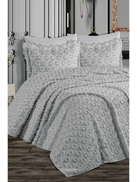 Çeyiz Diyarı Malina Ponpon 3 Parça Çift Kişilik Pike Takımı Gri - S000493339-20600