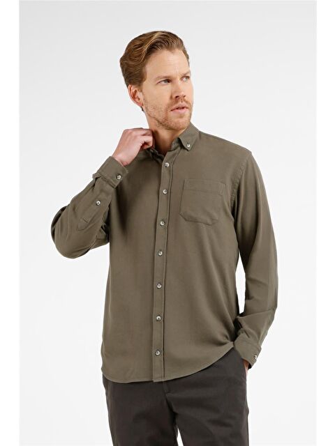 İMZA Haki Düğmeli Yaka Uzun Kol Cepli Slim Fit %100 Pamuk Gömlek 1004255213