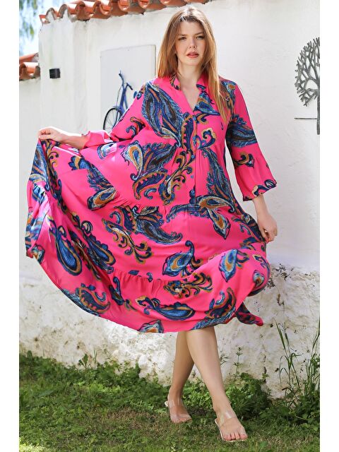 Chiccy Fuşya V Yaka Fırfırlı Kol Şal Desenli Düğmeli Eteği Fırfırlı Casual Viskon Dokuma Elbise 135 60 - S000468897-18686