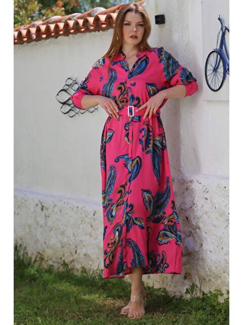 Chiccy Fuşya Hakim Yaka Balon Kol Şal Desenli Düğmeli Eteği Fırfırlı Kemerli Casual Dokuma Elbise 145 65 - S000468905-18686