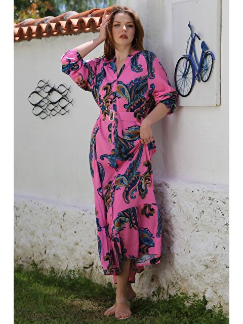 Chiccy Pembe Hakim Yaka Balon Kol Şal Desenli Düğmeli Eteği Fırfırlı Kemerli Casual Dokuma Elbise 145 65 - S000468905-20024