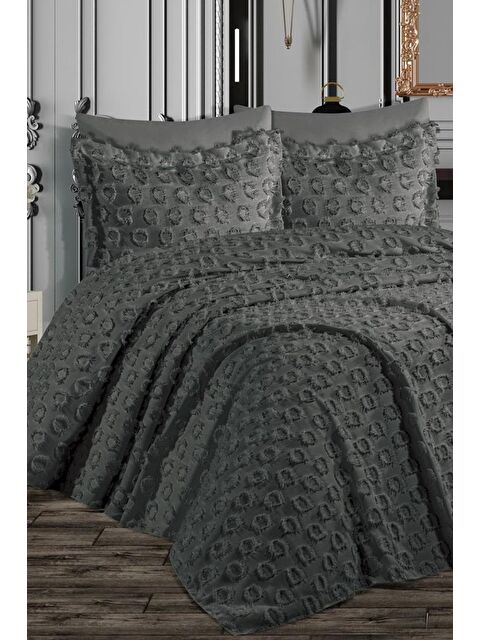 Çeyiz Diyarı Malina Ponpon 3 Parça Çift Kişilik Pike Takımı Antrasit - S000493355-29666