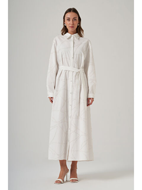 Nuss Önü Düğmeli Pul Detay Kuşaklı Elbise 2044 Ekru - S000531353-19965