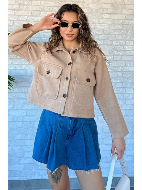 Gülseli Çift Cepli Crop Top Kaşe Mont - S000290390-19928