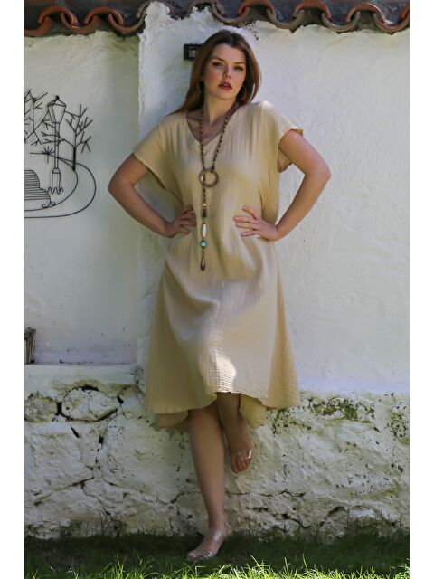 Chiccy Koyu Bej V Yaka Düşük Kol Casual Müslin Dokuma Elbise Kloş Etek 115 63