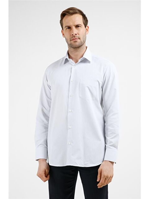 İMZA Beyaz-Mavi Çizgili Desen Sert Yaka Uzun Kol Cepli Comfort Fit Pamuklu Gömlek 1004255278