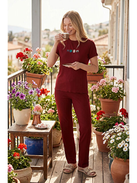 Lela Regular Fit Desenli Bisiklet Yaka Kısa Kollu Kadın Pijama Takımı 65770823