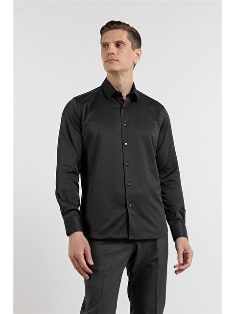 İMZA Siyah Sert Yaka Uzun Kol Cepsiz Slim Fit Pamuklu Gömlek 1004255228