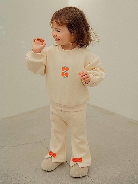 Magu Kız Çocuk Pamuklu Bej Turuncu Fiyonk Detaylı Eşofman Takımı - S000425168-19965