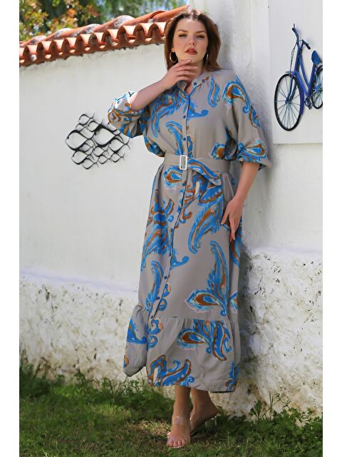 Chiccy Bej-Mavi Hakim Yaka Balon Kol Şal Desenli Düğmeli Eteği Fırfırlı Kemerli Casual Dokuma Elbise 145 65 - S000468905-37213