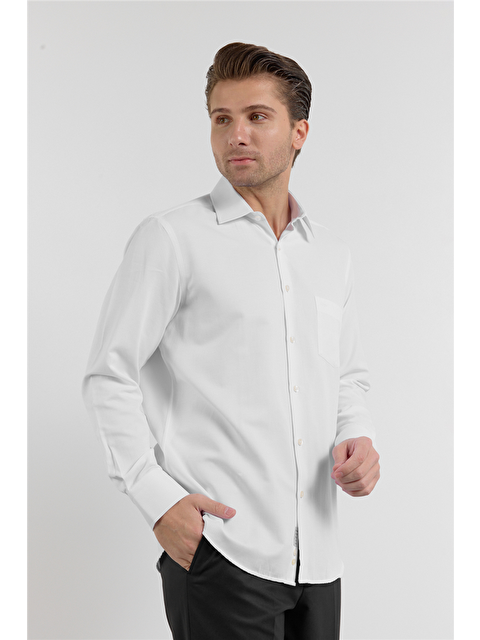 İMZA Beyaz Çizgili Desen Sert Yaka Uzun Kol Cepli Comfort Fit Pamuklu Gömlek 1004255268