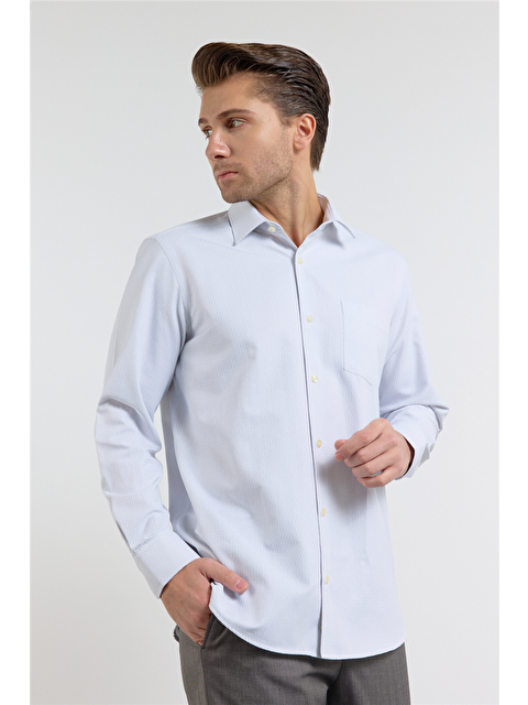 İMZA Optik Beyaz Kendinden Desenli Sert Yaka Uzun Kol Cepli Comfort Fit Pamuklu Gömlek 1004255226