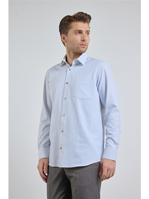 İMZA Beyaz Kendinden Desenli Sert Yaka Uzun Kol Cepli Comfort Fit Pamuklu Gömlek 1004255226