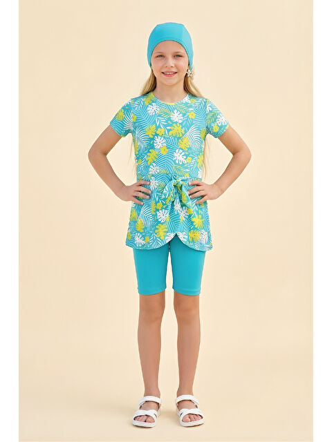 Modanino Kız Çocuk Elbise Mayo 3'lü Takım (Elbise Mayo+Şort+Bone) 8-16 Yaş 12619B