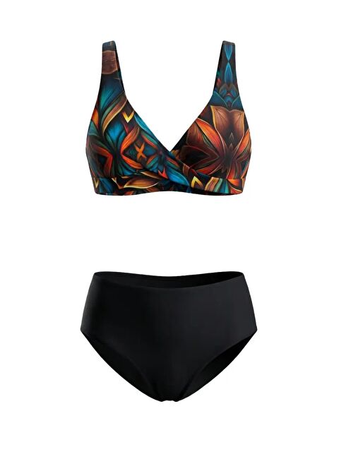 Hazelin Kadın Siyah Çiçek Desenli Astarlı Büyük Beden Bikini Takımı HZL26S-LC21202