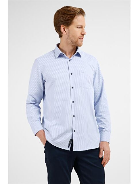 İMZA Mavi - Lacivert Çizgili Desen Sert Yaka Uzun Kol Cepli Comfort Fit Pamuklu Gömlek 1004255276