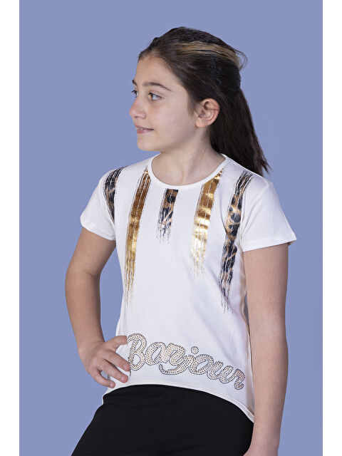 Toontoykids Kız Çocuk Varak Baskılı Taş İşlemeli Tişört