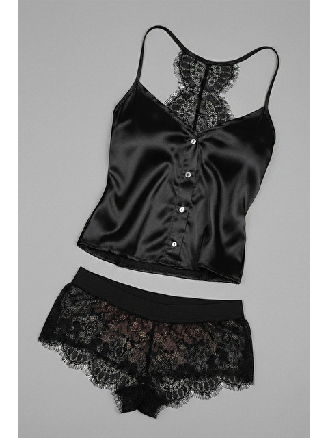 C&City Saten Dantel Detaylı Şortlu Takım Siyah - S000527747-19351