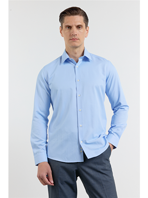 İMZA Açık Mavi Sert Yaka Uzun Kol Cepsiz Slim Fit Pamuklu Gömlek 1004255913