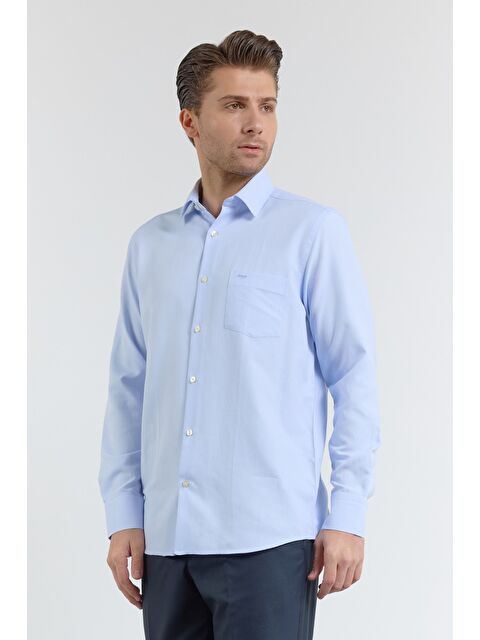 İMZA Mavi Kendinden Desenli Sert Yaka Uzun Kol Cepli Comfort Fit Pamuklu Gömlek 1004255206