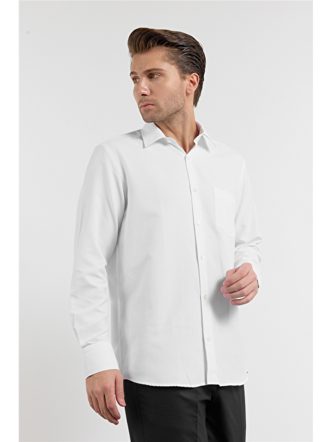 İMZA Beyaz Kendinden Desenli Sert Yaka Uzun Kol Cepli Comfort Fit Pamuklu Gömlek 1004255206