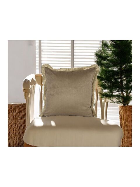 Asdiva Vizon Düz Renk Kadife Kumaş Saçaklı Dekoratif Kırlent Kılıfı 45x45 - S000392442-27318