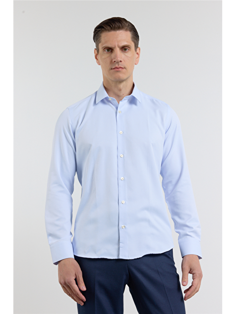 İMZA Mavi - Beyaz Kendinden Desenli Sert Yaka Uzun Kol Cepsiz Slim Fit Pamuklu Gömlek 1004255214